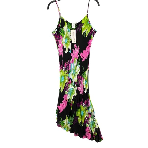 Y2K Vintage Papillon Maxi Dress M Black Floral Asymmetric Tropical Hawaiian NEW - Picture 2 of 12